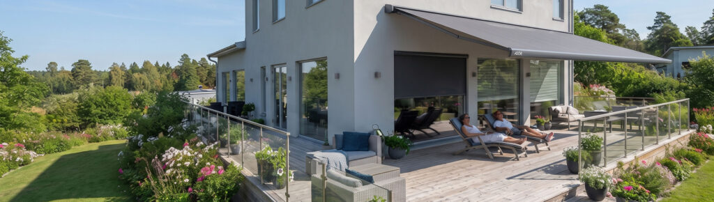 Hus med markiser över terrassen